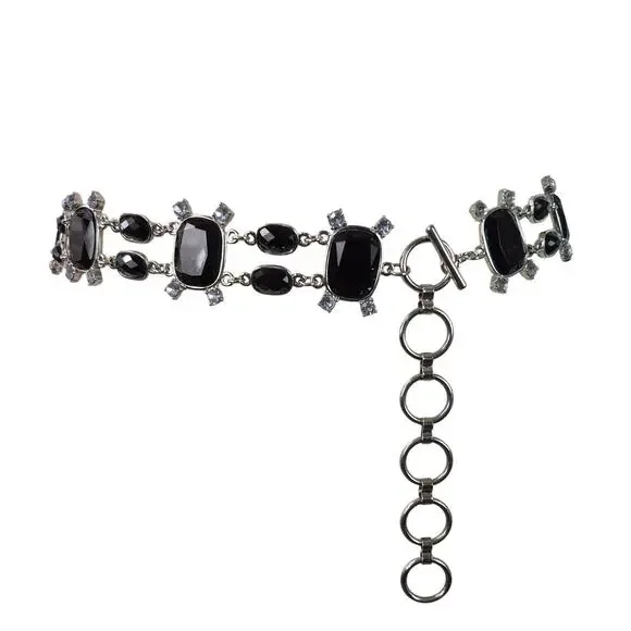 Black Faceted Gemstones Rhinestones Silver Tone Bling Metal Waist Belt 30