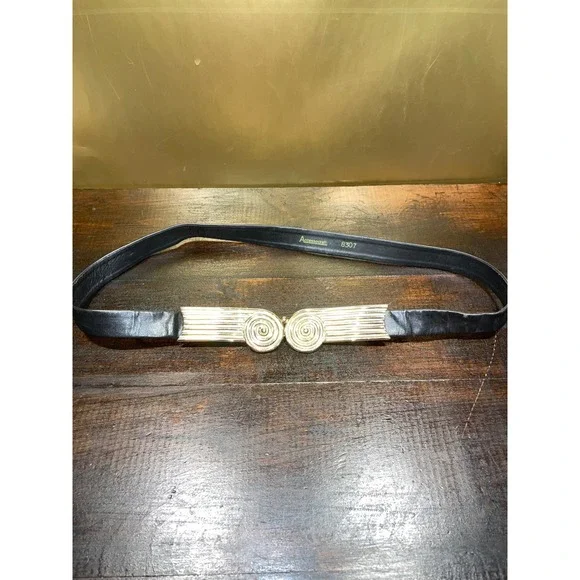 Accessocraft N.Y.C‎ Black Leather Gold Tone Swirl Buckle Belt 8307