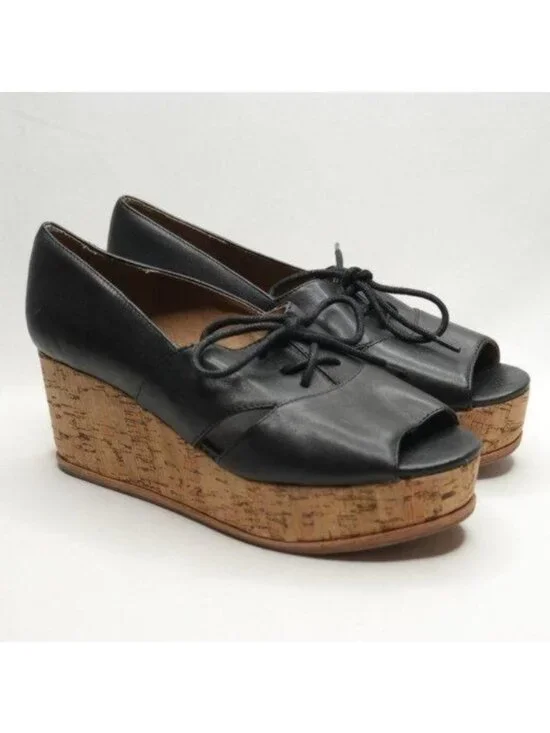 Anthropologie Fiel Women's 8.5 Black Leather Lace Up Platform Open Toe Oxfords