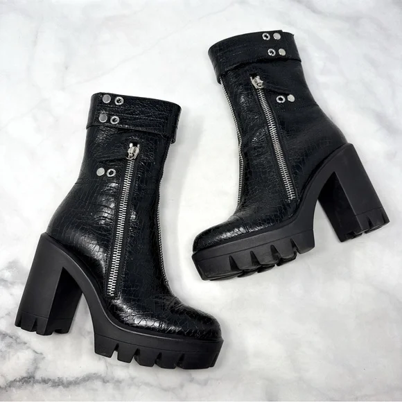 Giuseppe Zanotti Kassy Gintonic Croc Platform Block Heel Moto Biker Boots Black