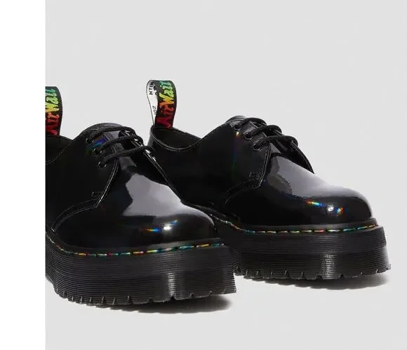 Dr. Martens 1461 Quad Rainbow Patent Platform Shoes black size 7 ladies 6 Men