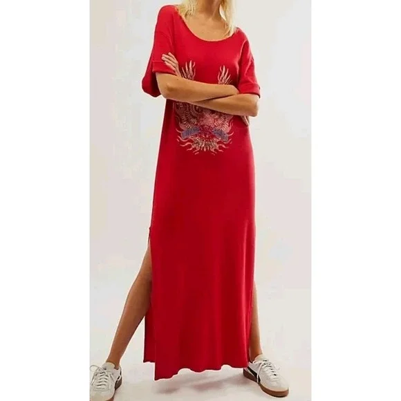 Free People X Vintage Souls Thermal Maxi Dress S Red Eagle Print