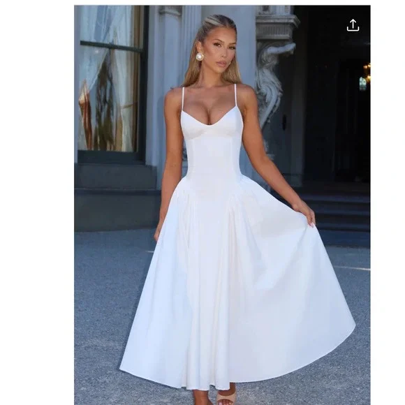 Babyboo Fashion White Corset Lace Up Back Midi Dress XS Pleated Full Skirt Sweet