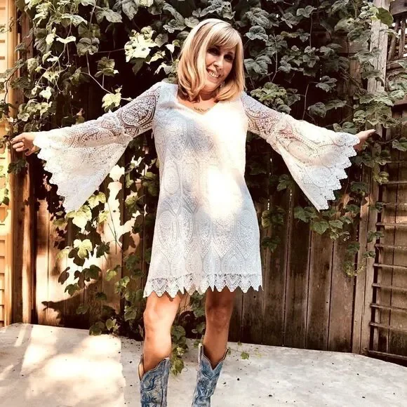 White Lace Bell Sleeve Dress