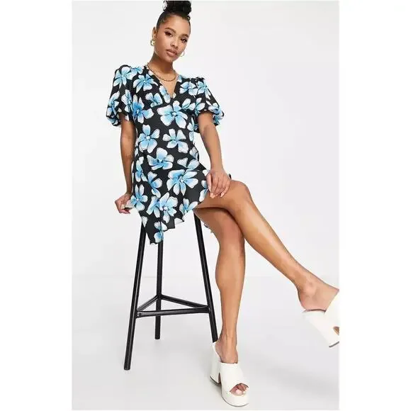 Topshop Dress Floral Print Puff Sleeve Cutout Back Mini Black Blue 10 Petite