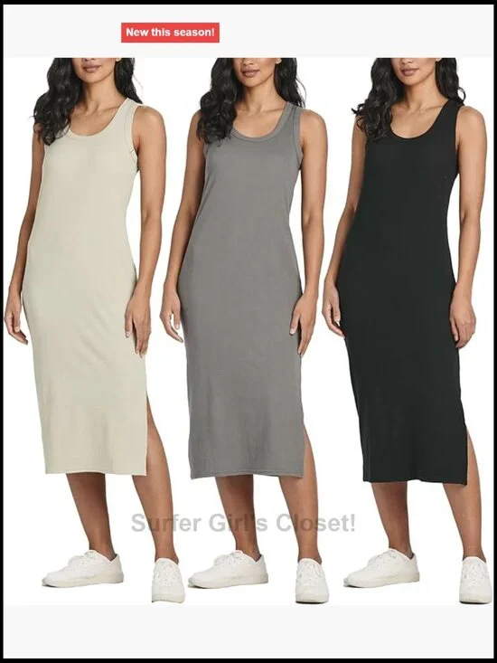 3 Pack Ribbed Knit Sleeveless Crew Neck Tank Midi Shift Dress with Slit