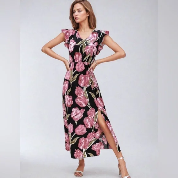 Pink/Black Floral Print Butterfly Sleeve Ruffle Trim Split Thigh Dress