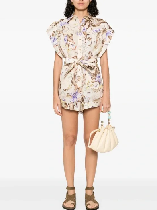 Zimmermann 'Coco' One-Piece Jumpsuit In Beige Linen With Multi Floral Women
