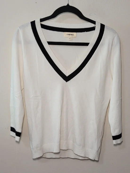 L'AGENCE Axelle Contrast Border V-Neck Sweater White Black Coquette Girl Size M