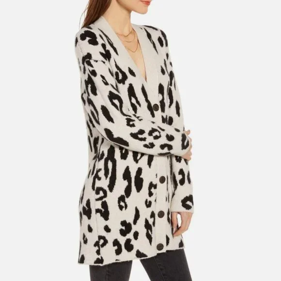 Leopard Print Long Line V-Neck Button Front Cardigan by Something Navy - M