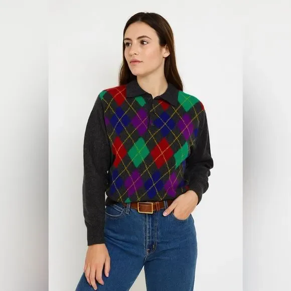 Vintage United Colors of Benetton Wool Argyle Sweater Grey Size Italian 48 US 12