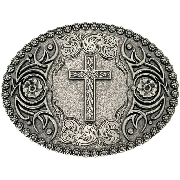 Etched Cross Silver Tone Oval Western Belt Buckle NWT