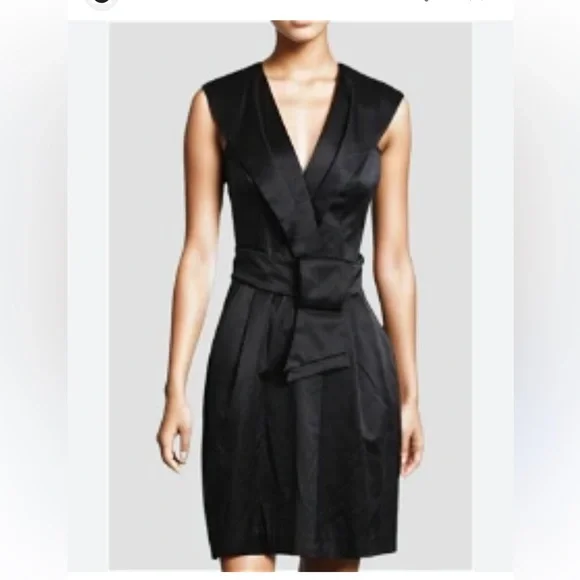 CUE made in Australia black origami faux wrap cap sleeve 6 mini pockets dress