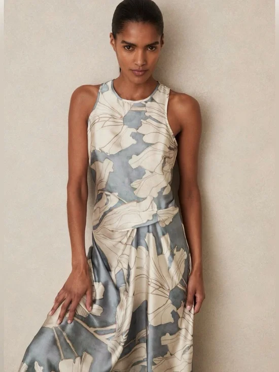REISS Mieke Satin Floral Drape Midi Dress in Blue Size US 2 NEW with tag