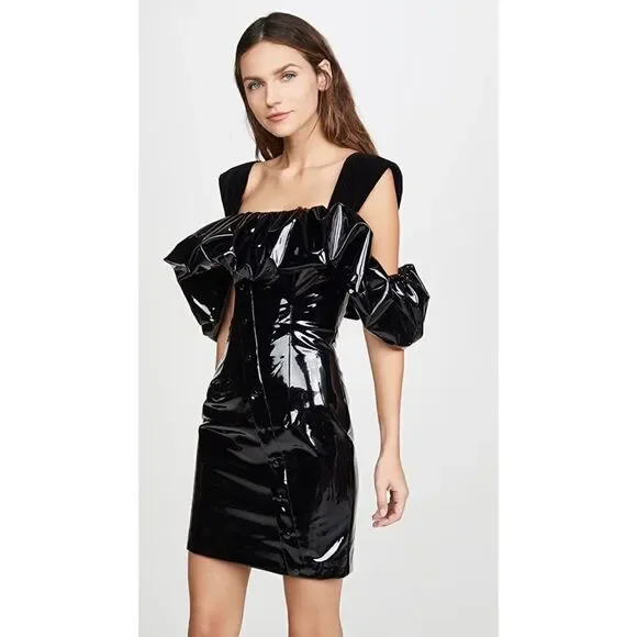 Sandra Mansour Faux Patent Leather Ruffled Dress IT38