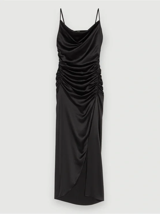 Vibe Black Satin Cowl Neck Ruched Slip Dress Size M.