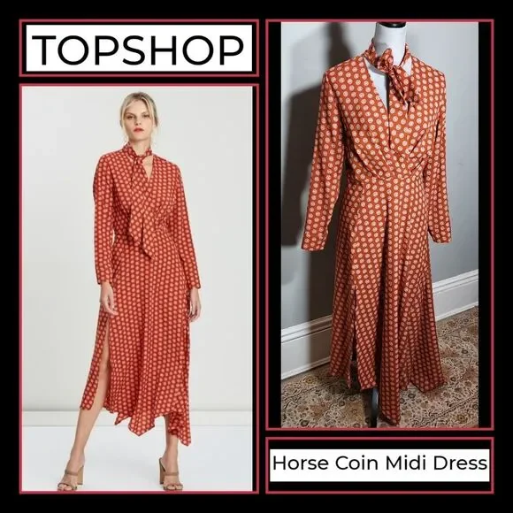 NWOT TOPSHOP Size 6 Horse Coin Midi Dress Long Sleeve V-neck with Ribbon Tie