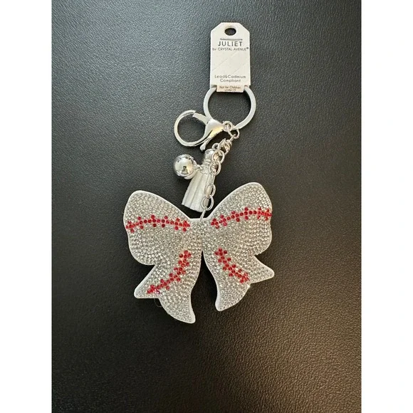 Juliet by Crystal Avenue Rhinestone Bow Baseball Stitch Keychain‎ Charm