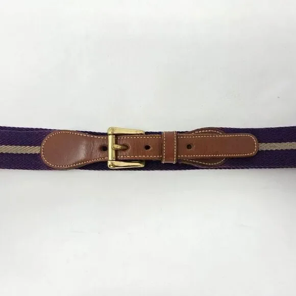 VINTAGE DOONEY & BOURKE BROWN LEATHER PURPLE STRIPE WOOL WOMENS BELT 34 1.25