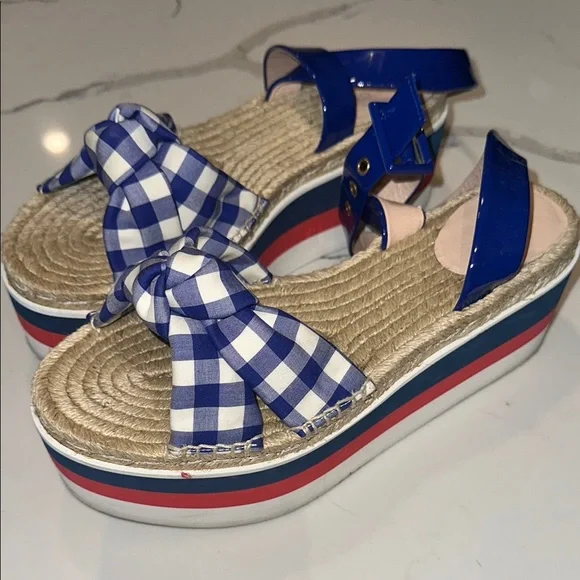Gucci Blue Gingham Patent Cotton Gingham Sefir Espadrille Platform Sandals