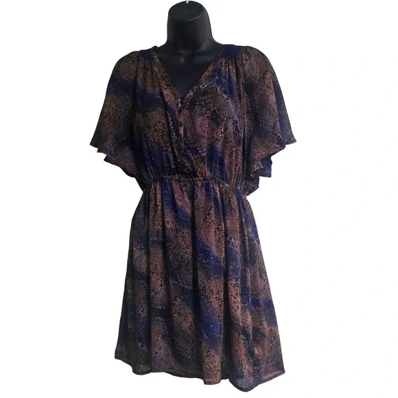 Xhilaration Navy Blue Tan Lace Print Boho Mini Dress Flutter Sleeve Sz M C10