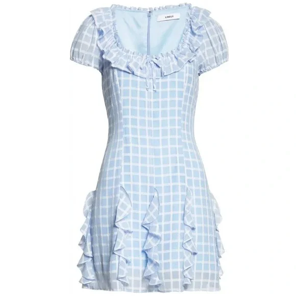 Likely Lula Ruffle Dress In Blue Plaid Women's Size 6 Boho Chic