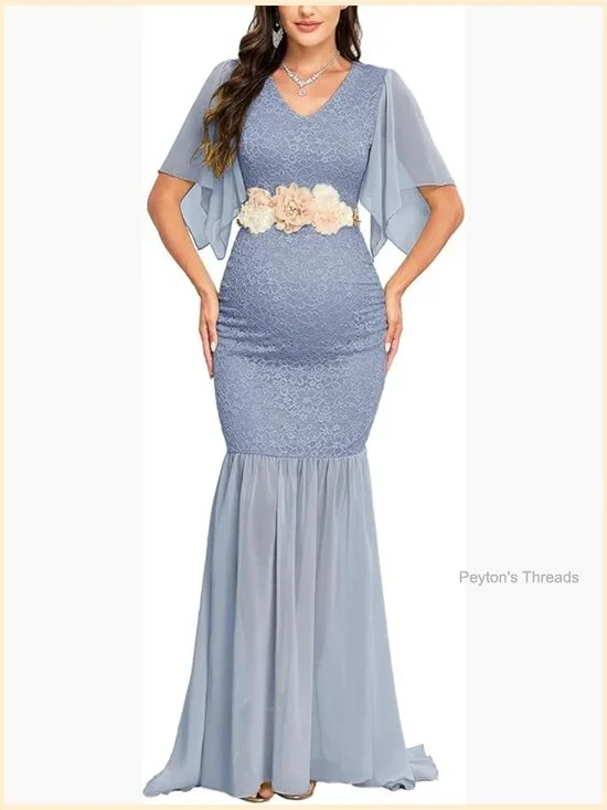 Maternity Lace Mermaid Maxi Dress V-Neck Flutter Sleeve Chiffon Gown for