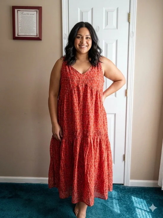 Josie Sun Dress XXL Red-Pink V-Neck Tiered Ruffle Cotton Cottage Core Dress