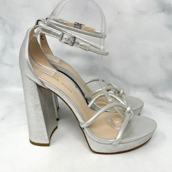 NEW Pelle Moda Gilian Metallic Leather Platform Flared Block Heel Sandals Glam 9