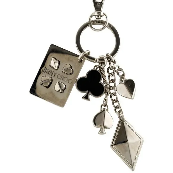 NWOT Jimmy Choo Key Chain Bag Charm Silver Queen Of Hearts Poker Themed