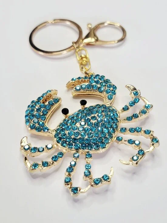NWT Decadent Aqua Blue Gold Crab Bling Rhinestone Keychain Bag Charm Glittery