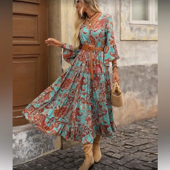 Boho floral paisley print maxi dress