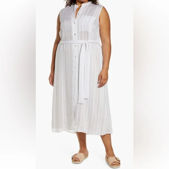 Vince Stripe Sleeveless Shirtdress tie waise shirt dress midi maxi white XXL NWT