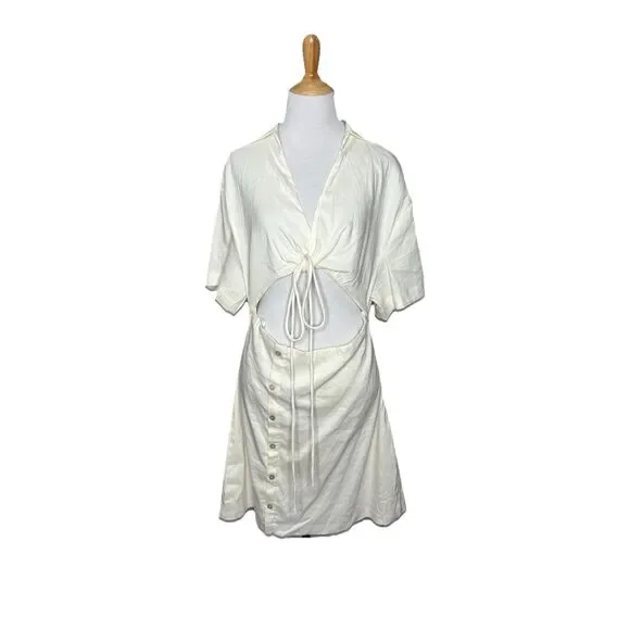 ZARA White Mini Cut Out Short Sleeve Collar Linen Blend Dress Size XL NWOT