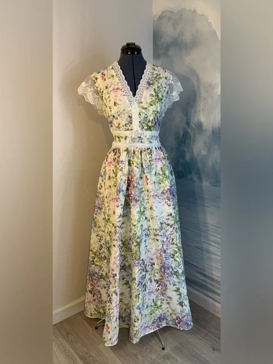 Floral Lace V-Neck Maxi Dress in White and Pastel Floral #260