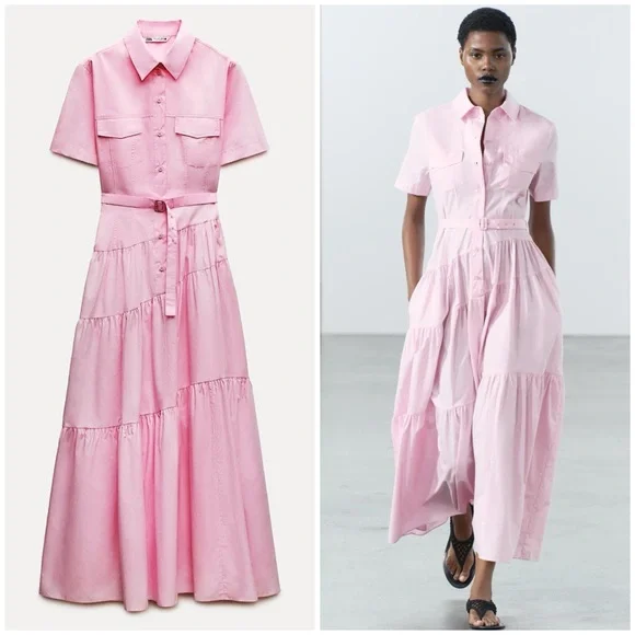 Zara ZW COLLECTION POPLIN SHIRTDRESS, pastel  pink, cotton, tiered