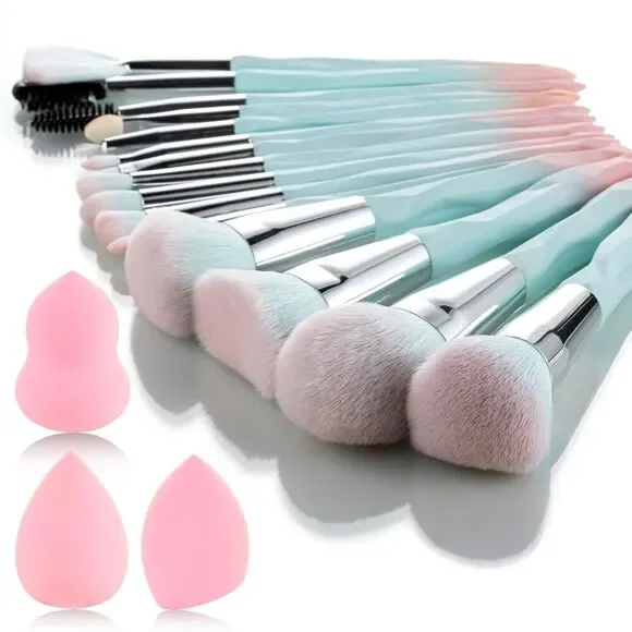 18 Pcs Pink Blue Gradient Soft Synthetic Fiber Makeup Brushes And Sponges Set