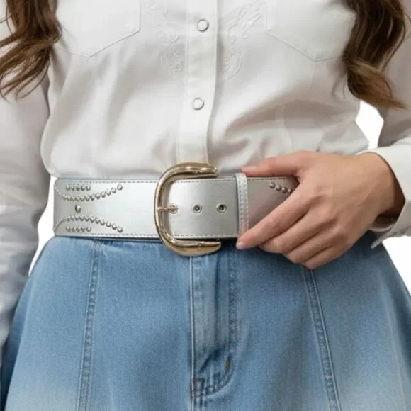 Wide Silver Studded Oversized Buckle Statement Belt NWT