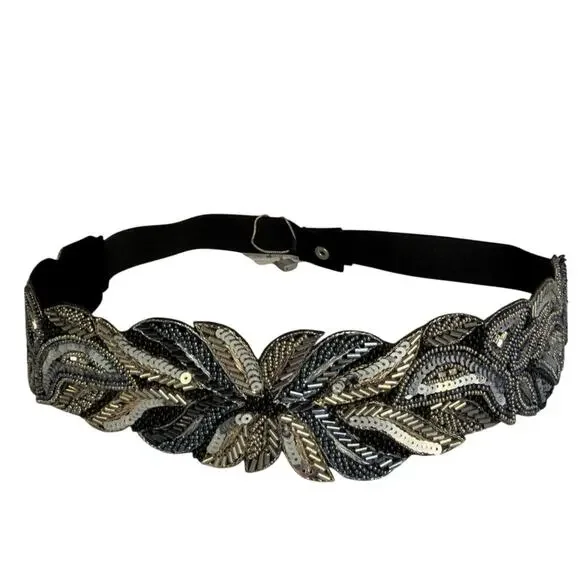 Silver Beaded Embroidered Boho Festival Floral Belt  Elastic Waistband NWT