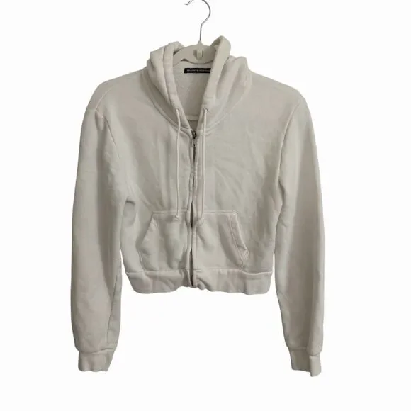 Brandy Melville Crystal Jacket OS‎ White Cropped Full Zip-Up Sweatshirt Hoodie