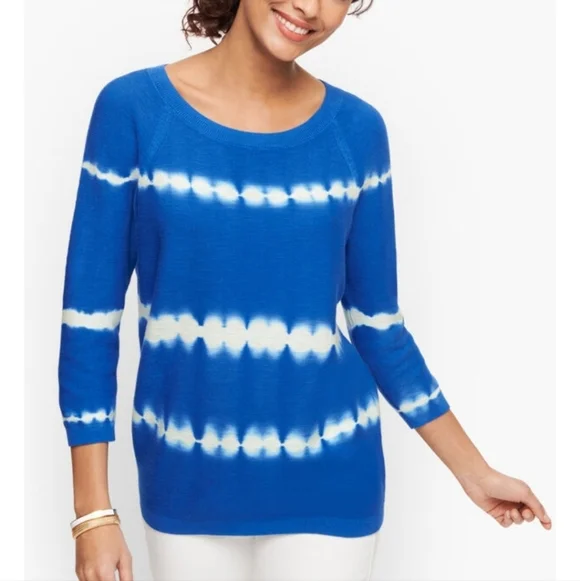 Talbots 100% Cotton Knit Blue White Tie Dye Crewneck 3/4 Sleeve Pullover Sweater