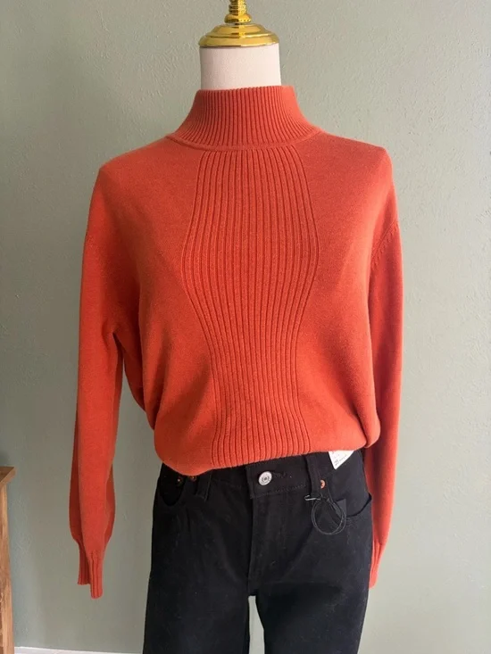 dressbarn Ribbed Funnel Neck Sweater in Burnt Orange