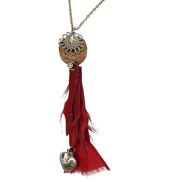 Handcrafted Wire Flower Heart Cork Red Suede Fringe Feather Necklace