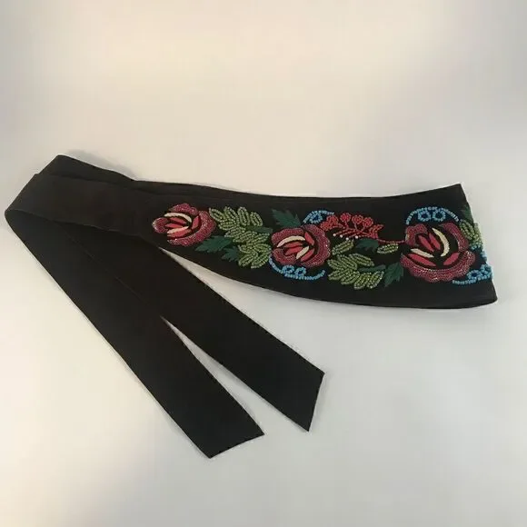 Ibisco Beaded & Embroidered Brown Suede Tie Belt