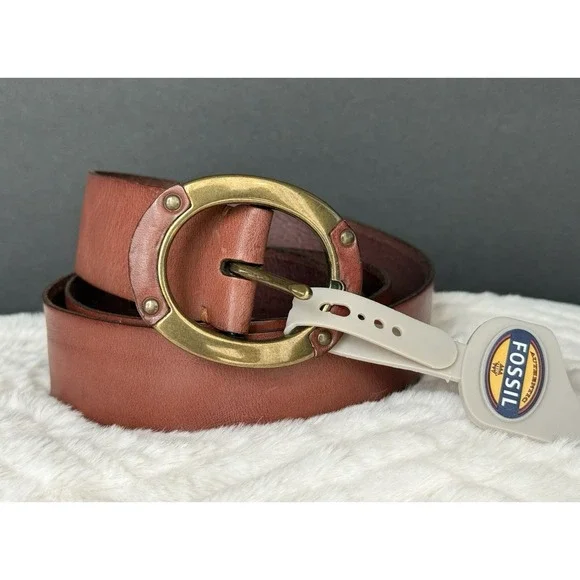 NEW‎ Fossil Brown Leather Belt Wide Sz L UNIQUE Brass Tone/Leather Oval Buckle