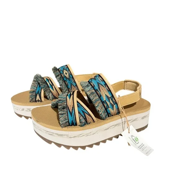 Teva Flatform Universal Fringe Sandals Tan Blue Geometric 1106851 Womens 7