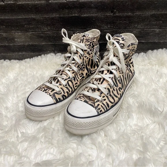 CONVERSE JUNGLE ART PLATFORM HIGH TOP SHOES NEUTRAL ANIMAL PRINT Y2K