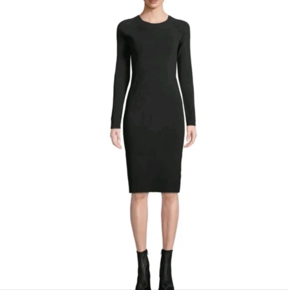 Vince Solid Black Long Sleeve Fitted Stretchy  Side Detail Dress Size Medium