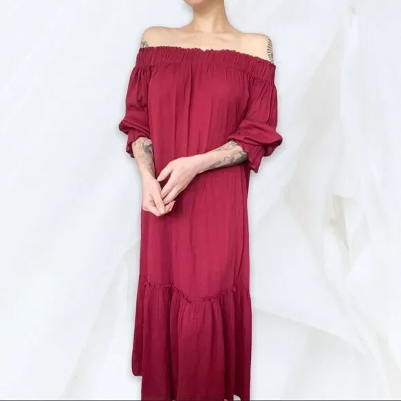 Renamed (M) Boho Maroon Off Shoulder Dress