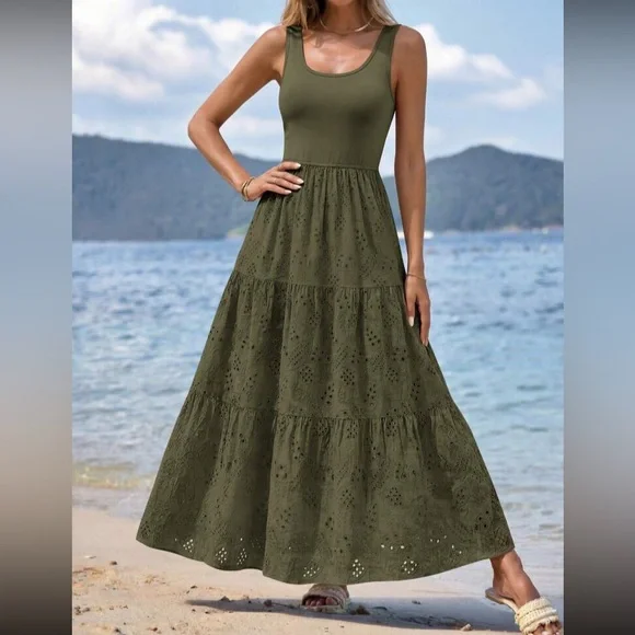 Army Green Tiered Eyelet Maxi Dress - Women